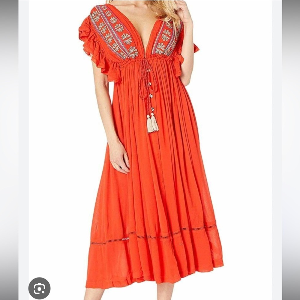 Free People Orange Embroidered V-Neck Midi Dress